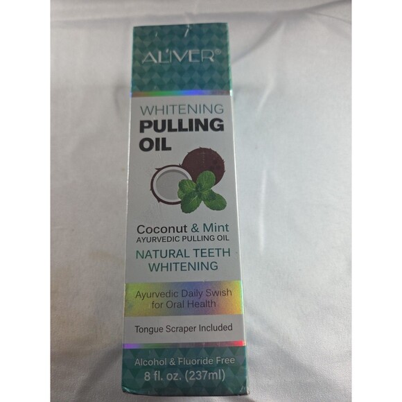Aliver Natural Teeth Whitening Pulling Oil Coconut+Mint Tongue Scraper Included - Picture 1 of 2